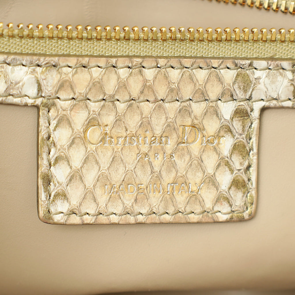 Christian Dior Metallic Golden Beige Python Caro Flap Medium Shoulder Bag