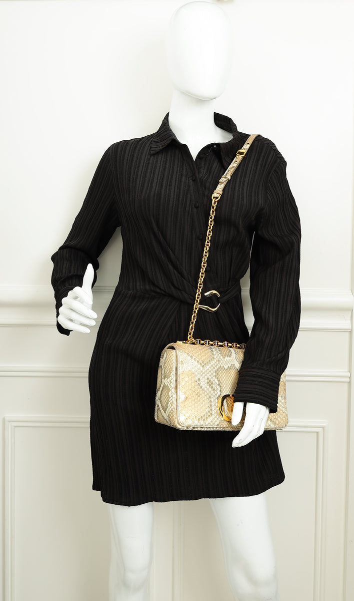 Christian Dior Metallic Golden Beige Python Caro Flap Medium Shoulder Bag