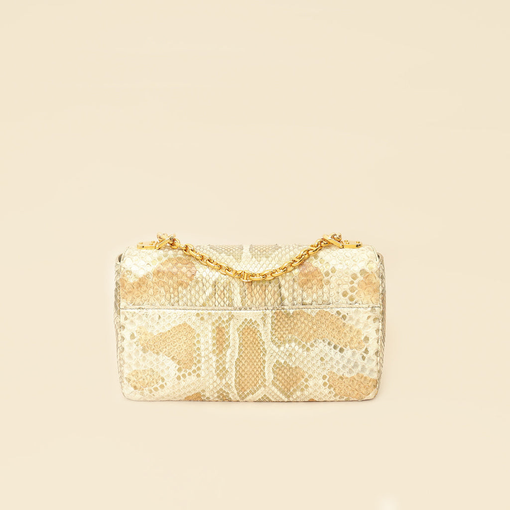 Christian Dior Metallic Golden Beige Python Caro Flap Medium Shoulder Bag