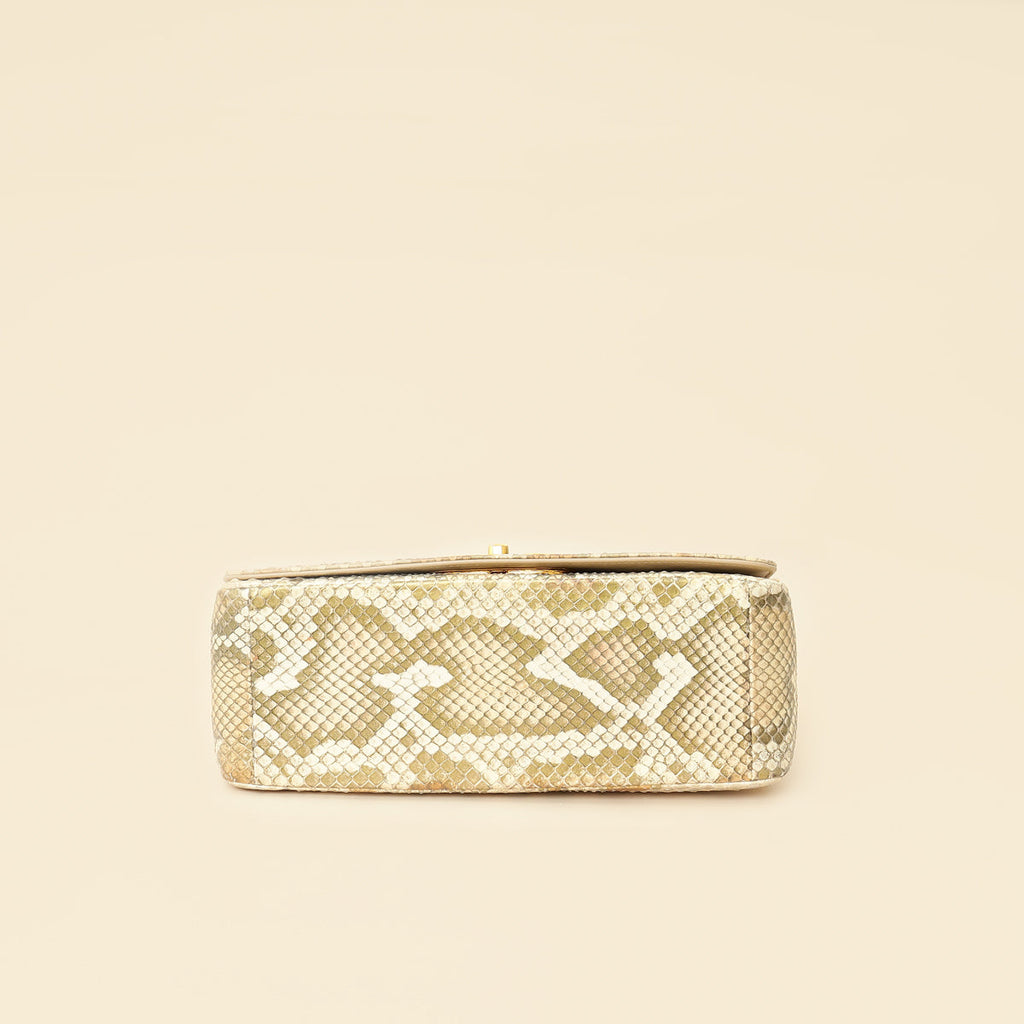 Christian Dior Metallic Golden Beige Python Caro Flap Medium Shoulder Bag
