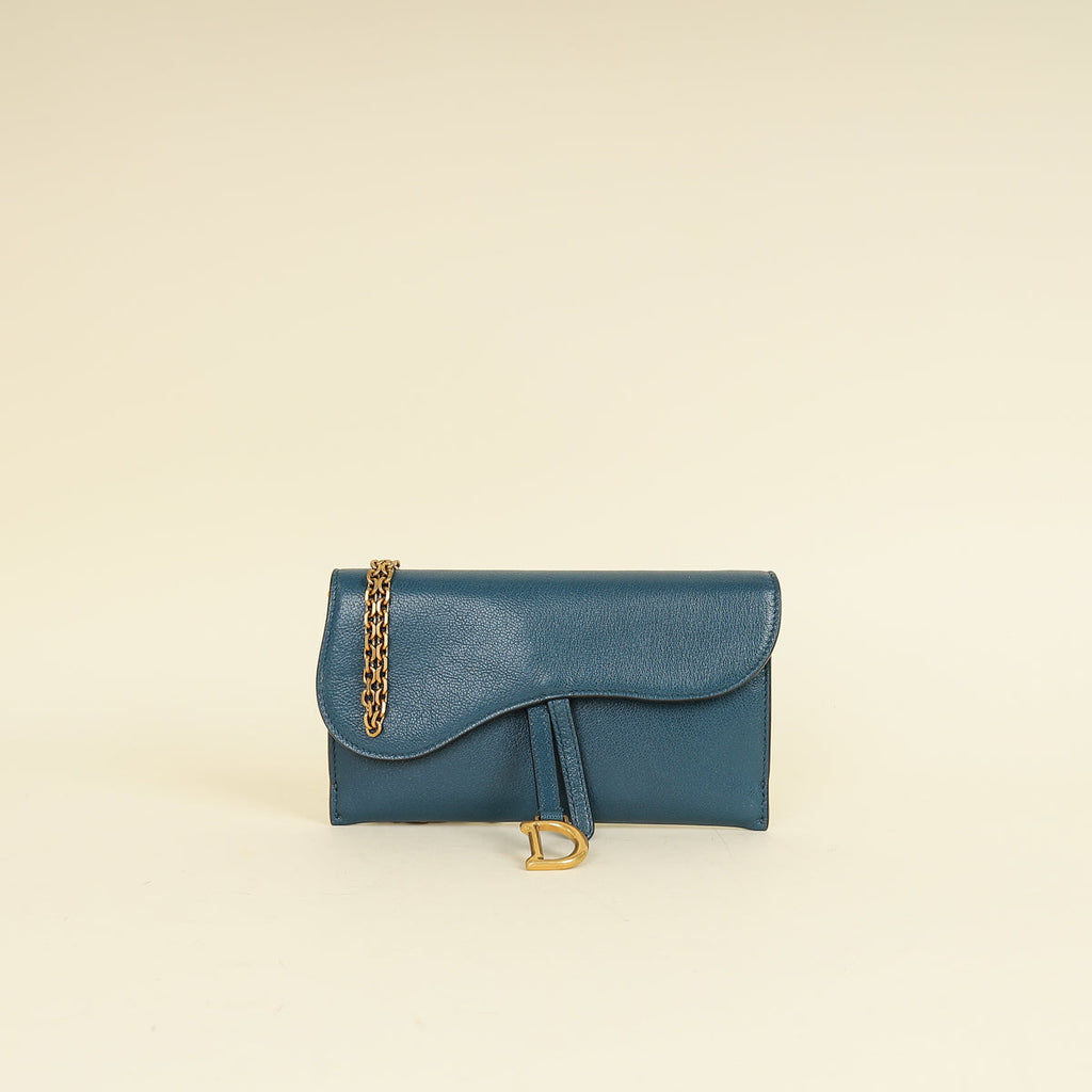 Christian Dior Teal Blue Saddle Long Wallet on Chain