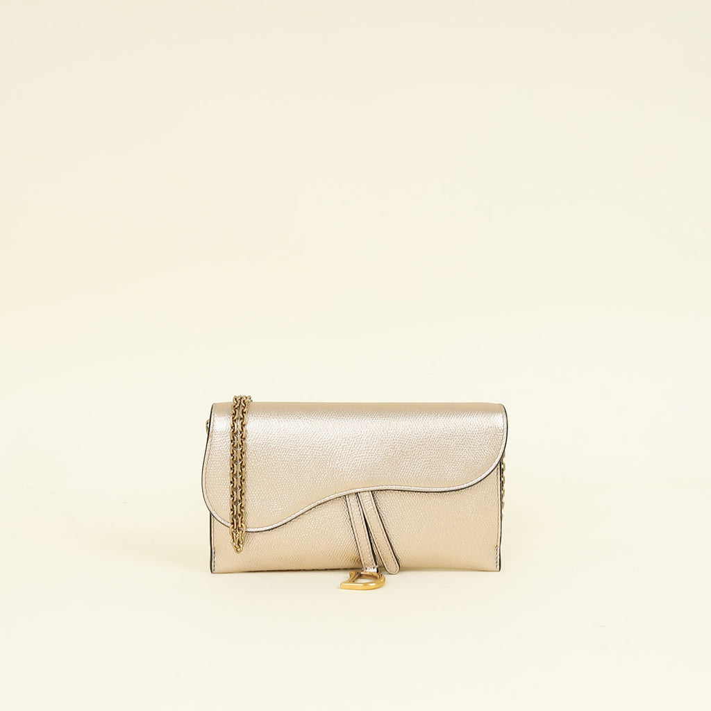 Christian Dior Metallic Champagne Saddle Long Wallet with Chain