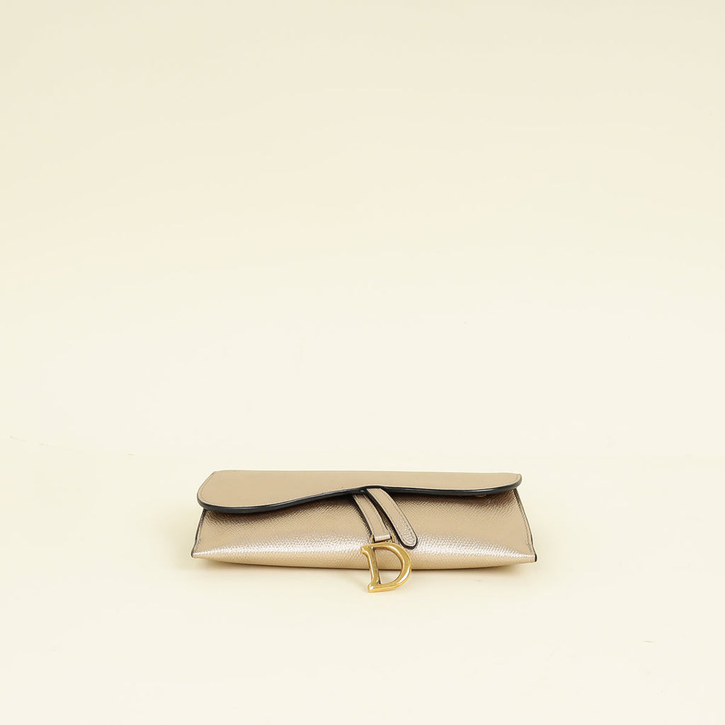 Christian Dior Metallic Champagne Saddle Long Wallet with Chain