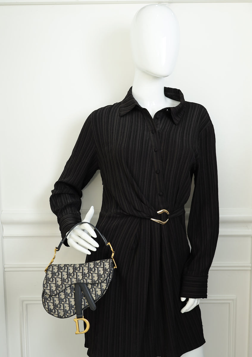 Christian Dior Navy Blue Oblique Mini Saddle Bag W/ Strap