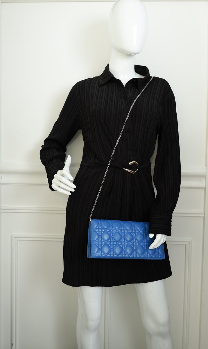 Christian Dior Blue Lady Dior Cannage Convertible Chain Clutch