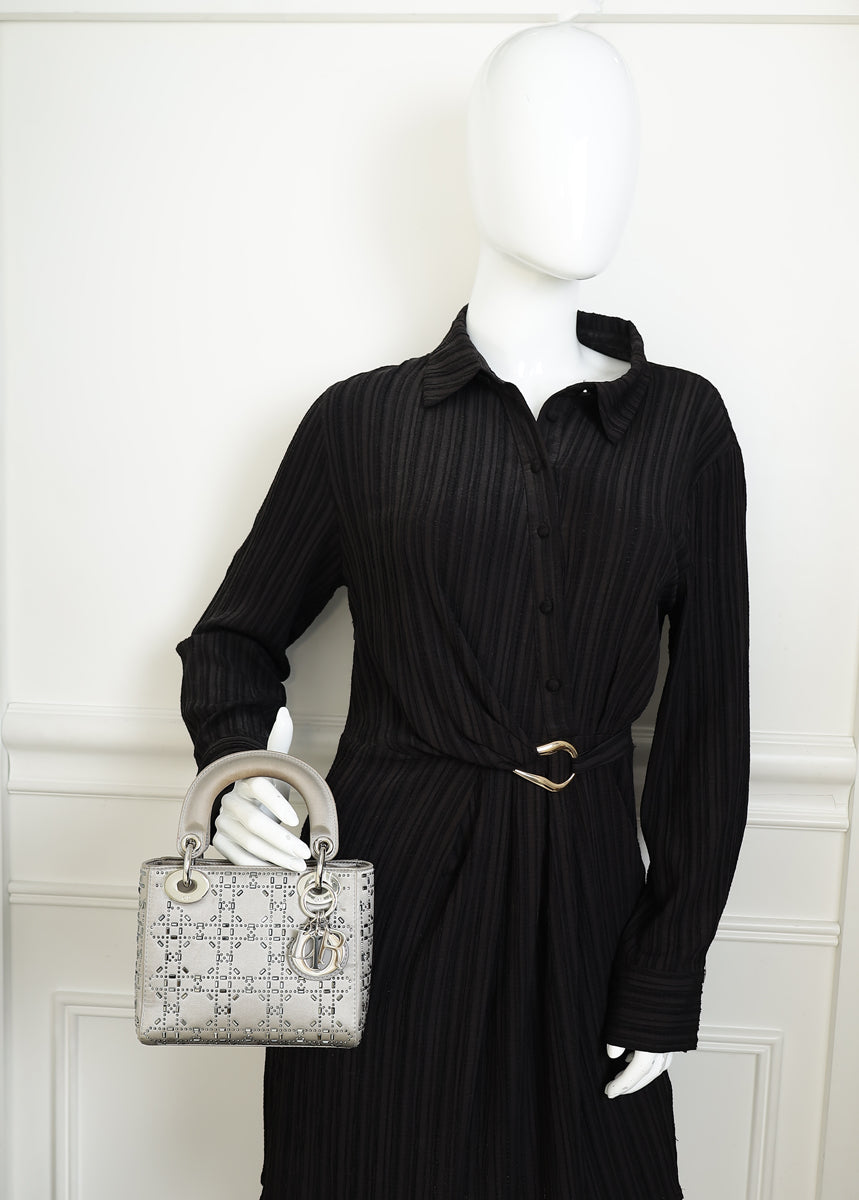Christian Dior Gray Strass Cannage Satin Mini Lady Dior Bag