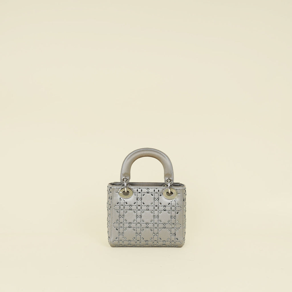 Christian Dior Gray Strass Cannage Satin Mini Lady Dior Bag