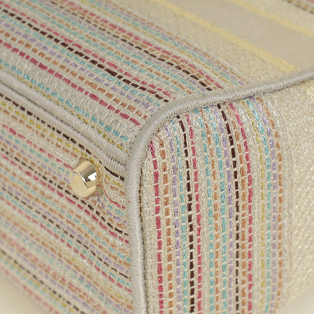 Christian Dior Multicolor Lady D-Lite Stripes Embroidery Medium Bag