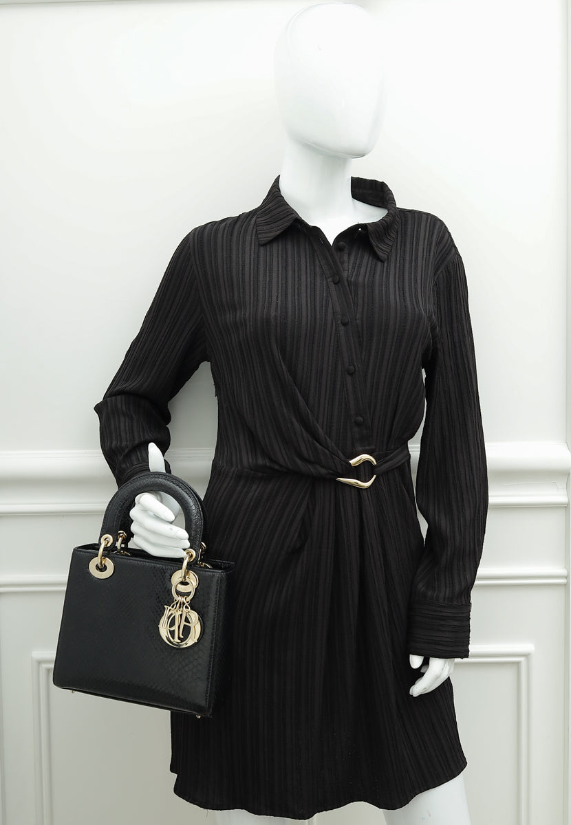 Christian Dior Black Shiny Snakeskin Lady Dior Small Bag