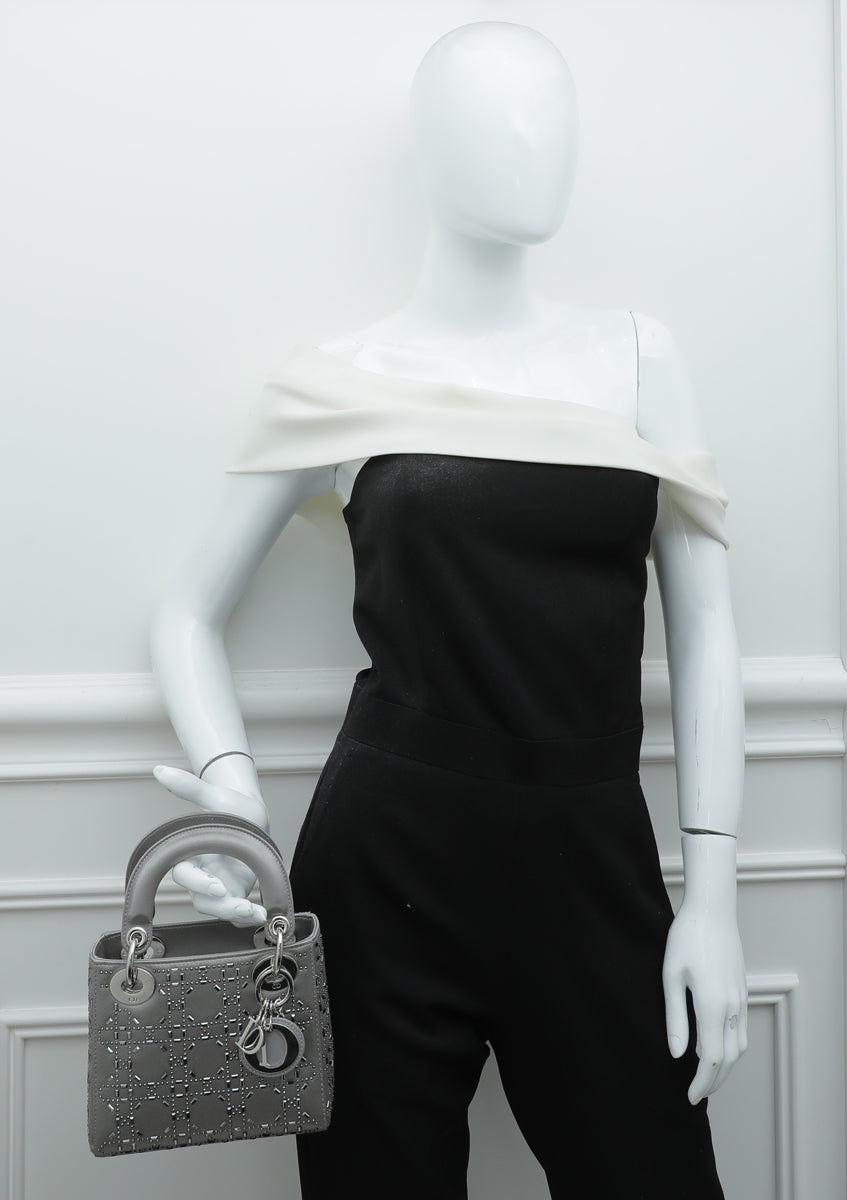 Christian Dior Grey Satin Strass Cannage Lady Dior Mini Bag