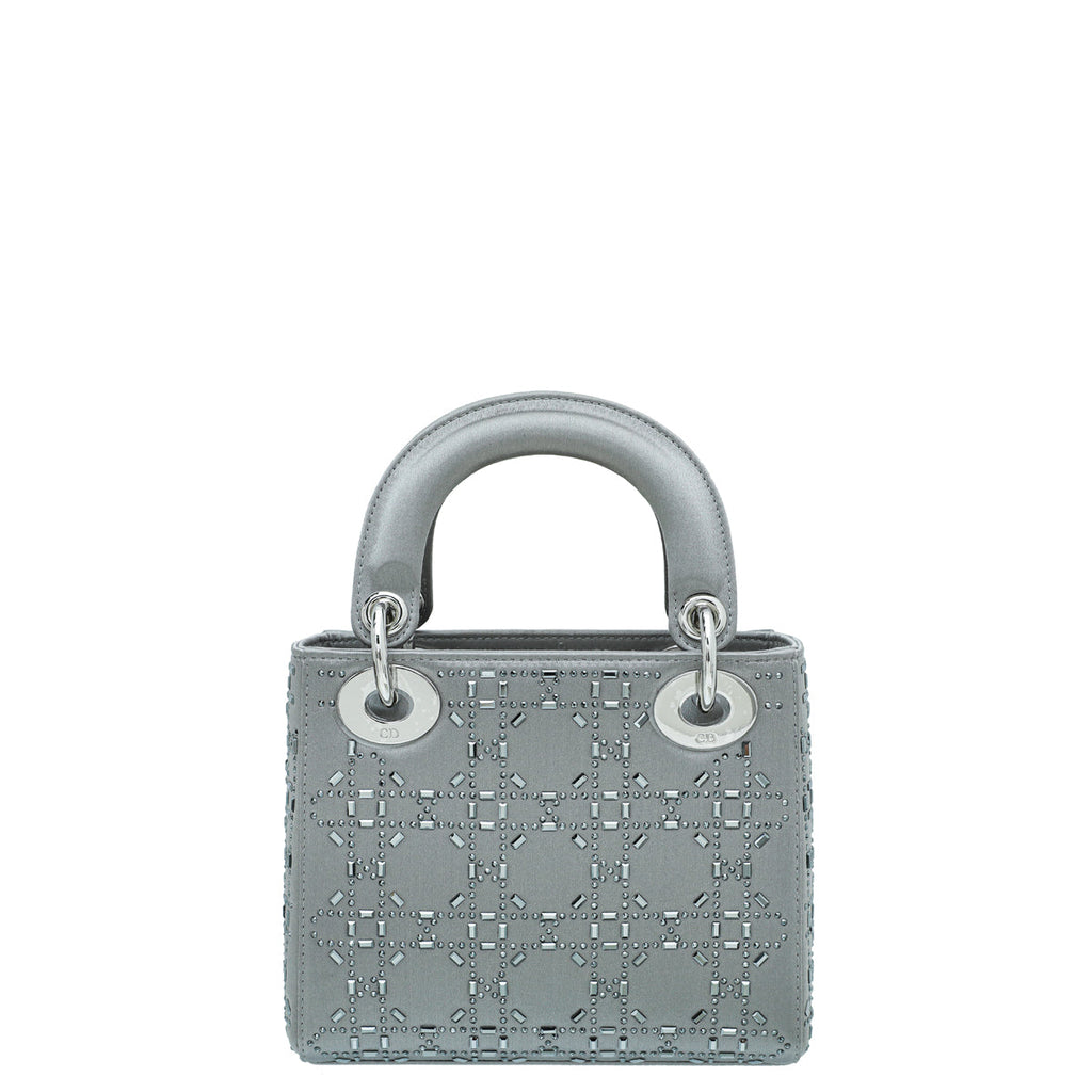 Christian Dior Grey Satin Strass Cannage Lady Dior Mini Bag