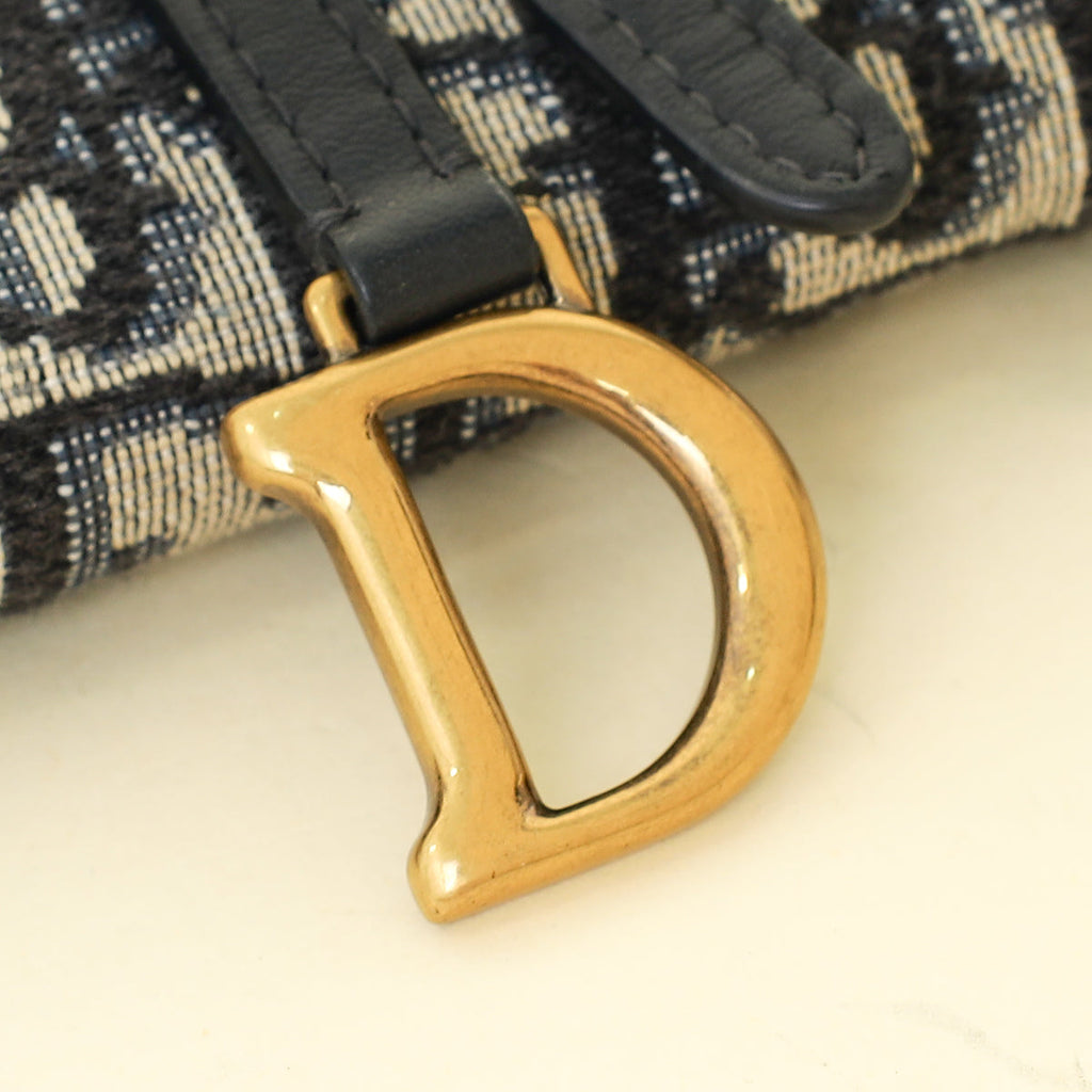 Christian Dior Navy Blue Oblique Small Saddle Pouch with Chain