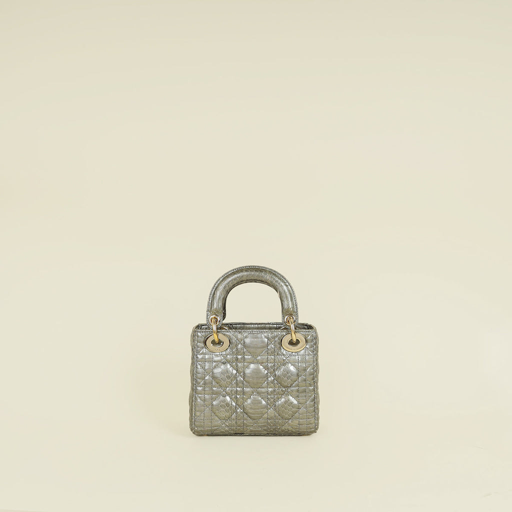 Christian Dior Metallic Grey Green Lady Dior Python Leather Mini Chain Bag