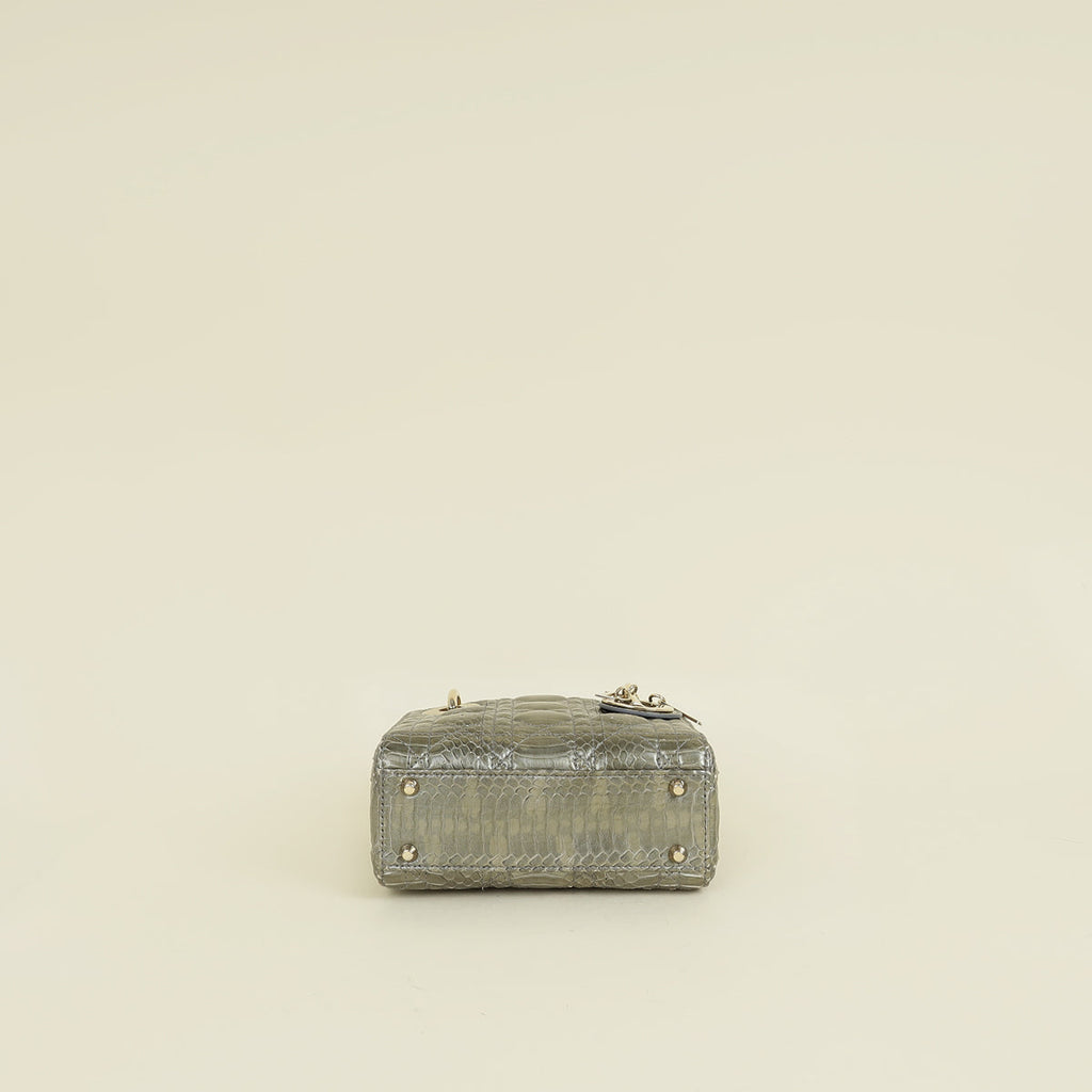 Christian Dior Metallic Grey Green Lady Dior Python Leather Mini Chain Bag