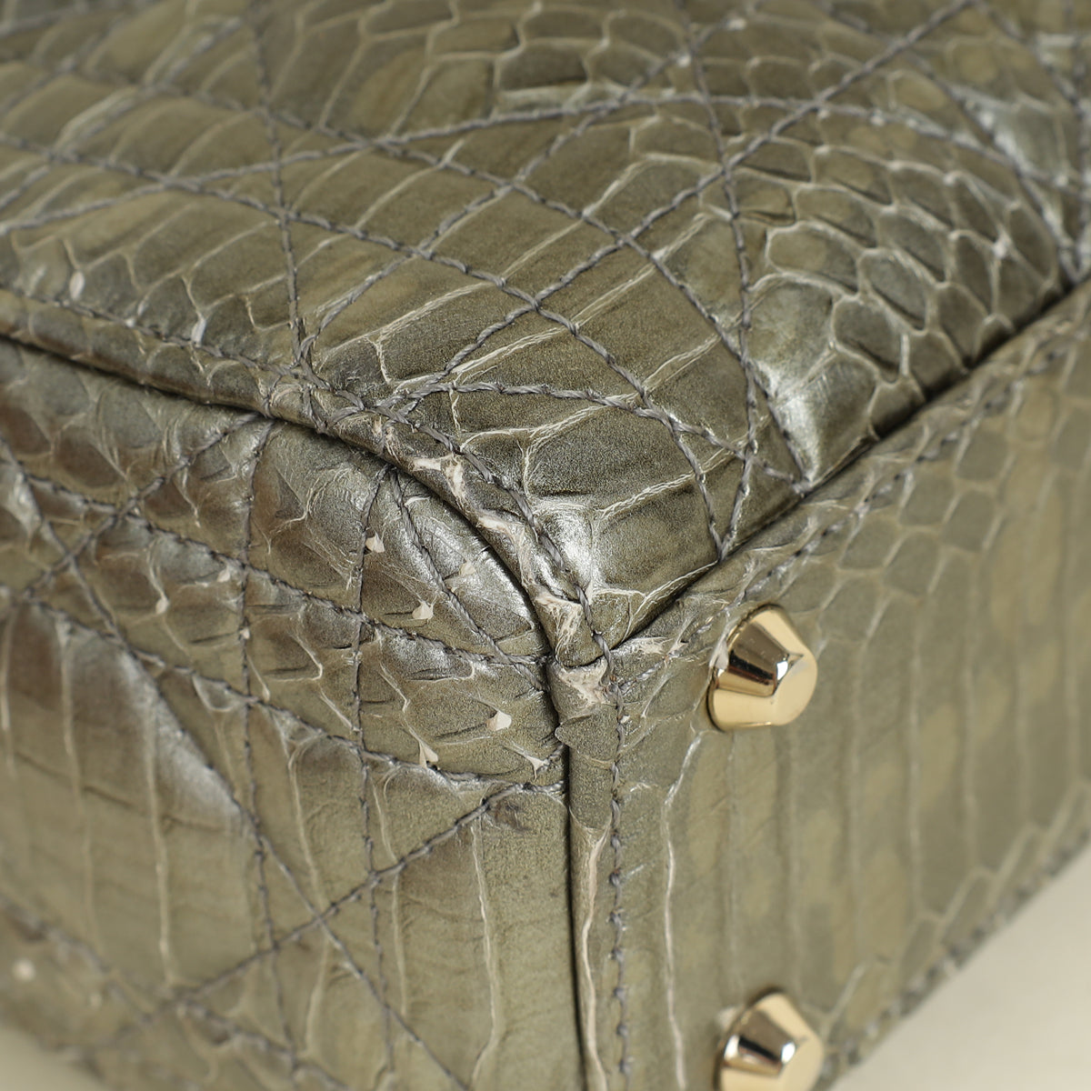 Christian Dior Metallic Grey Green Lady Dior Python Leather Mini Chain Bag