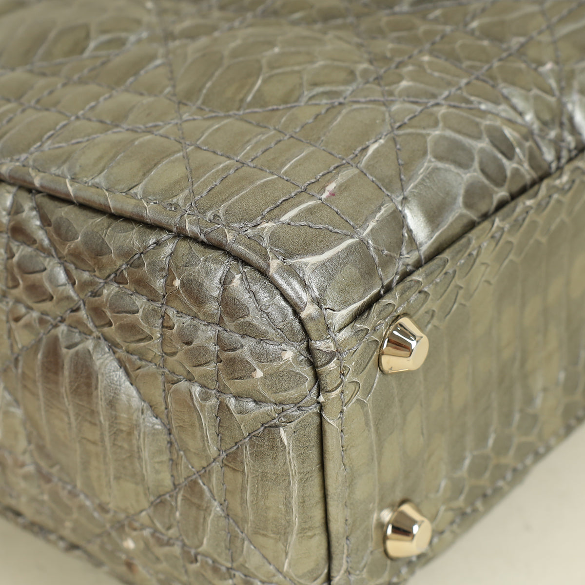 Christian Dior Metallic Grey Green Lady Dior Python Leather Mini Chain Bag