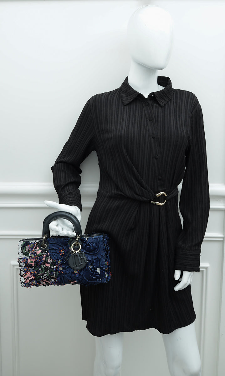 Christian Dior Black Multicolor Lady Dior East West Embroidered Runway Bag