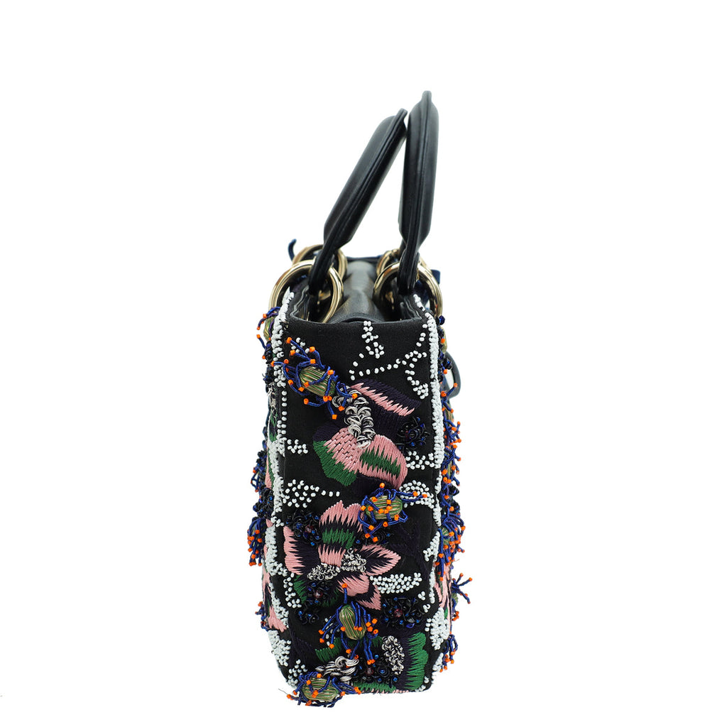 Christian Dior Black Multicolor Lady Dior East West Embroidered Runway Bag