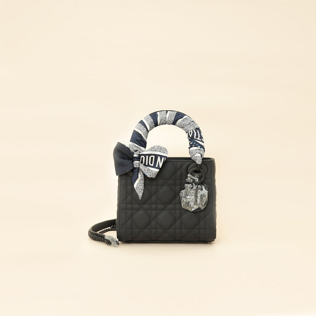 Christian Dior So Black Ultramatte Lady Dior Mini Chain Bag W/ Twilly
