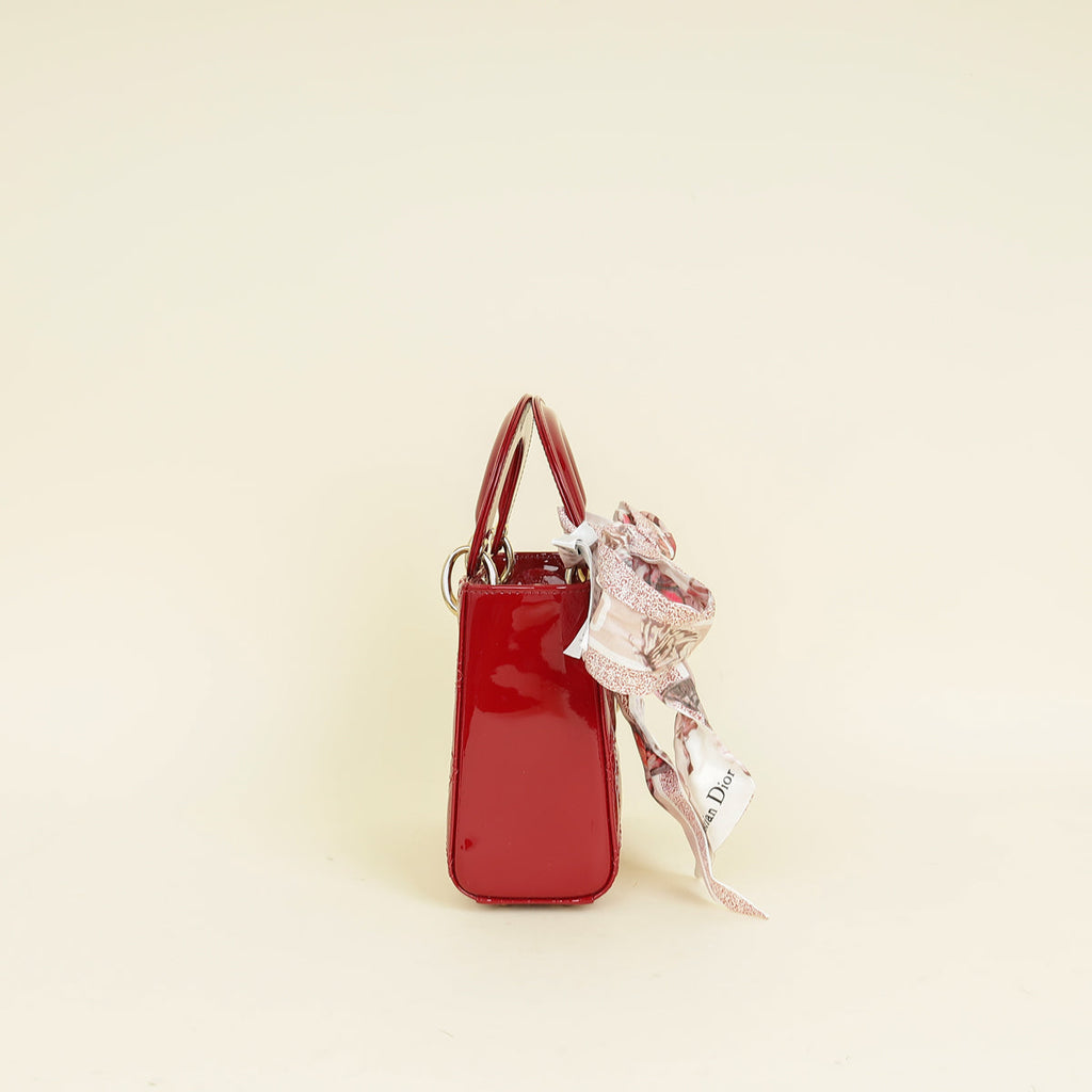 Christian Dior Cherry Red Lady Dior Mini Chain Bag W/ Twilly