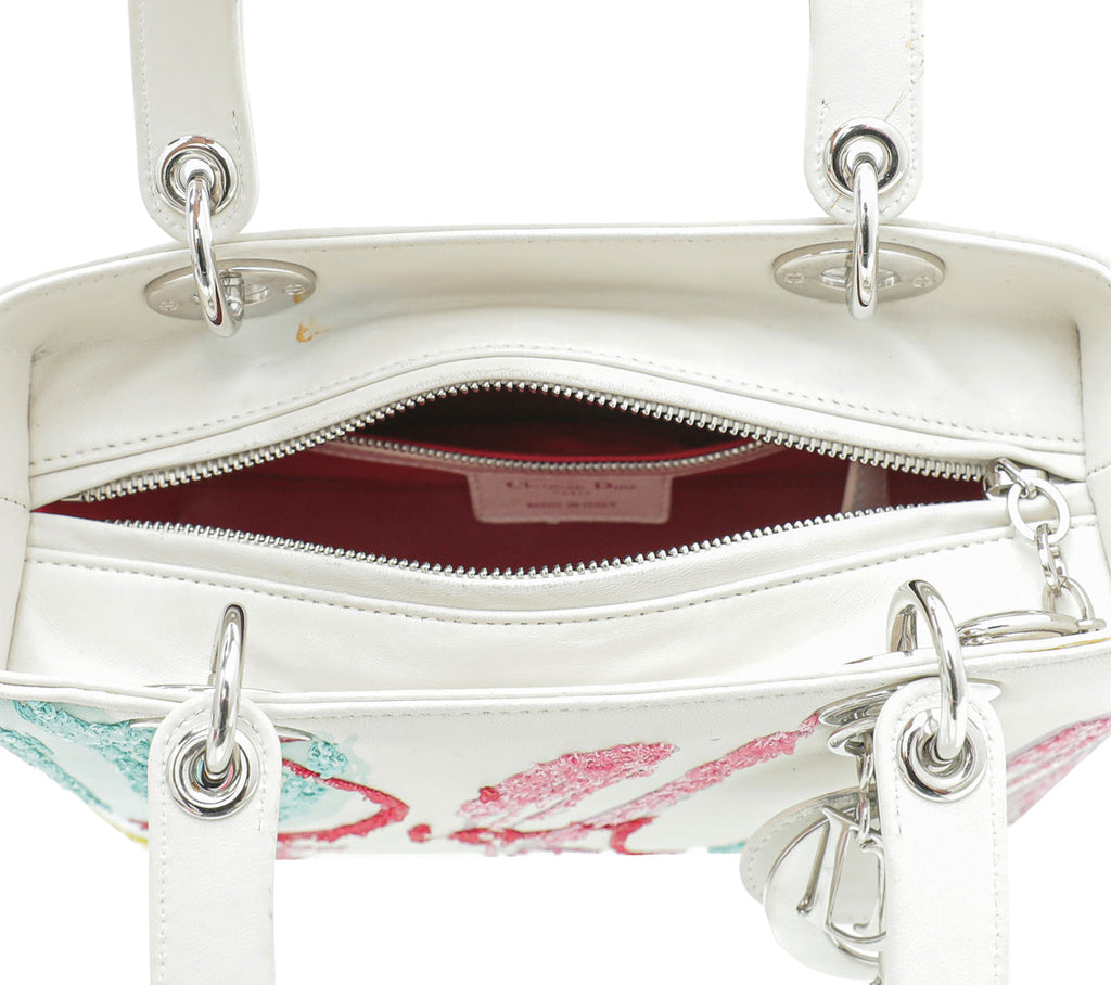 Christian Dior White Multicolor Lady Dior Embroidered Sequins Medium Bag
