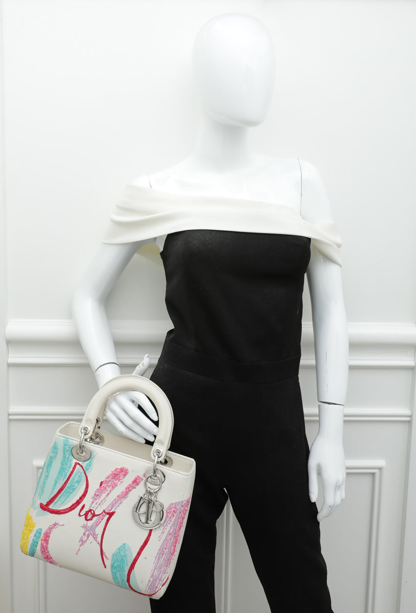 Christian Dior White Multicolor Lady Dior Embroidered Sequins Medium Bag