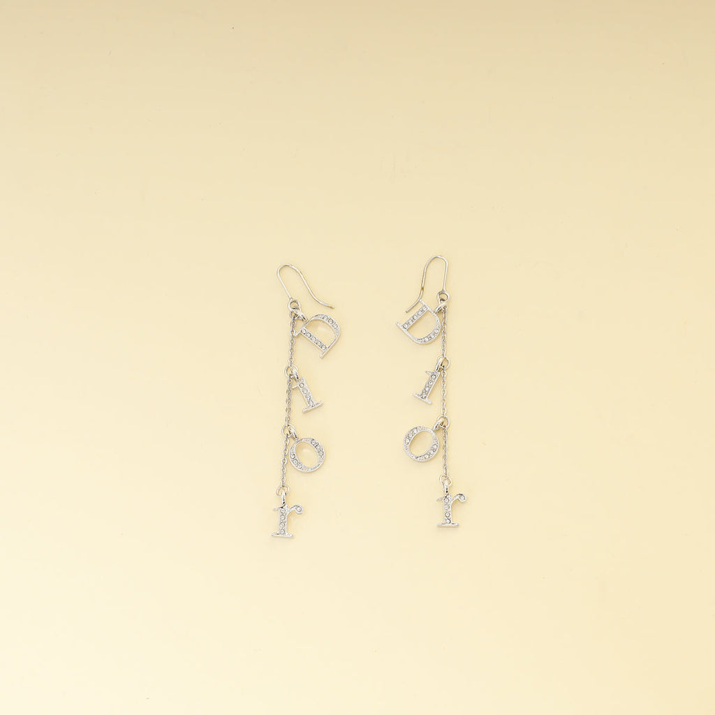 Christian Dior Silver Finish Crystal Logo Letters Dangle Drop Earrings