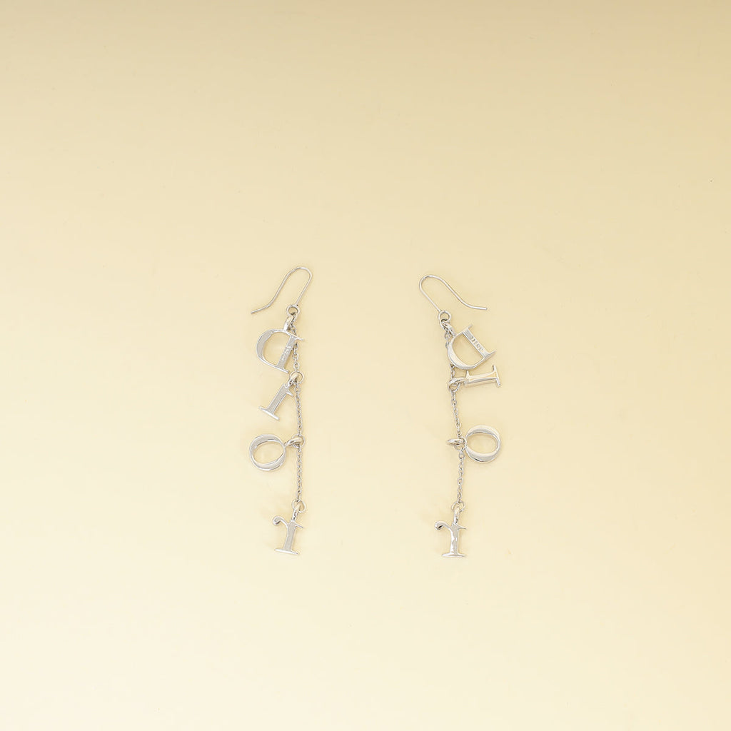 Christian Dior Silver Finish Crystal Logo Letters Dangle Drop Earrings