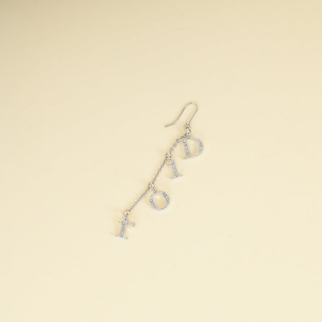 Christian Dior Silver Finish Crystal Logo Letters Dangle Drop Earrings