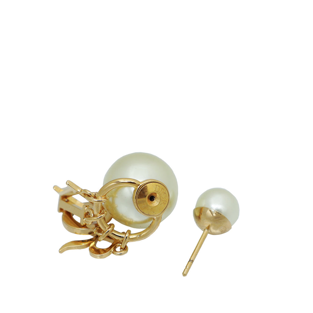 Christian Dior White Pearl Crystal Tribal Logo Charms Earrings