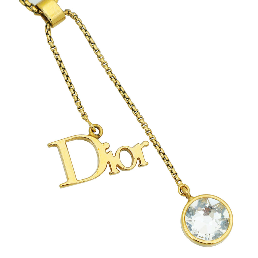 Christian Dior Gold Finish Logo Crystal Drop Pendant Necklace