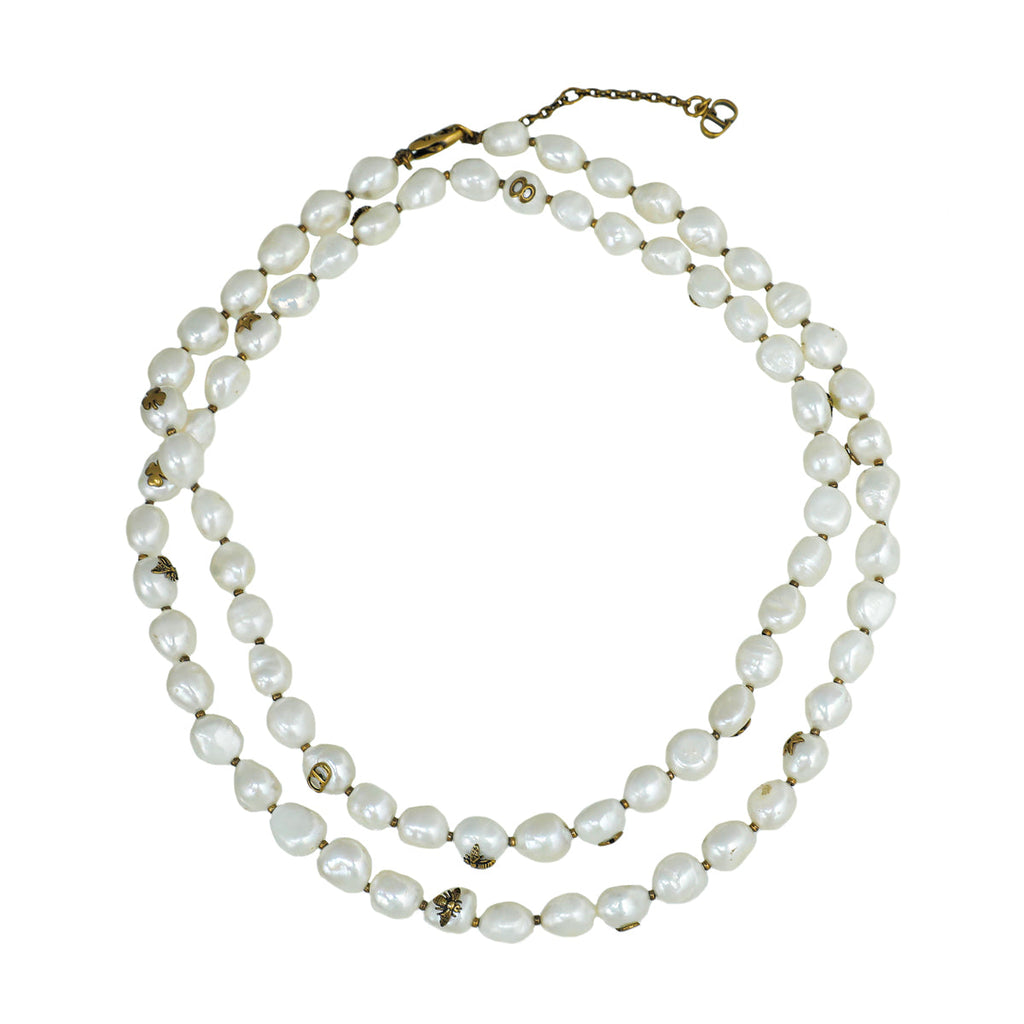 Christian Dior White Freshwater Pearl Bee CD Symbols Necklace