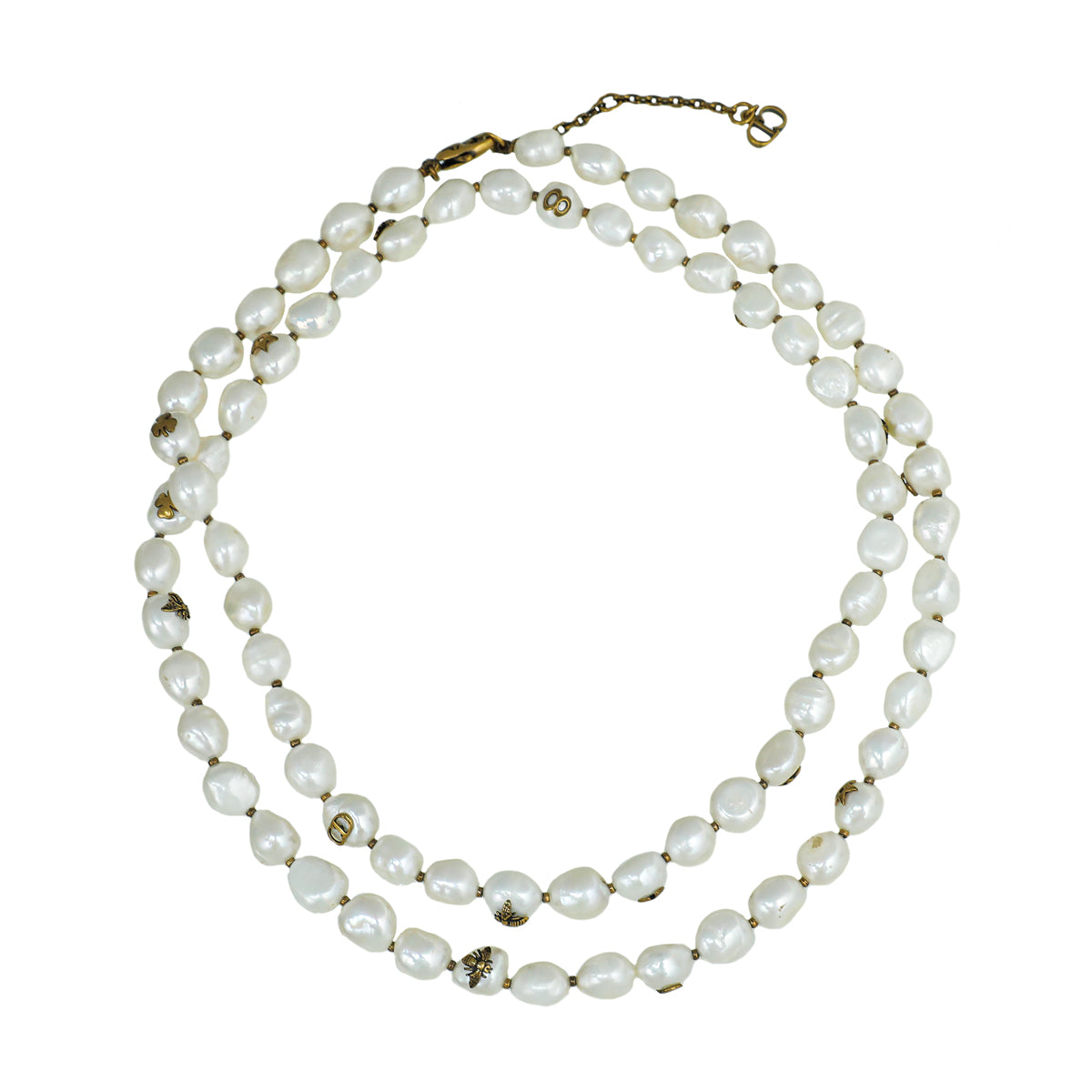 Christian Dior White Freshwater Pearl Bee CD Symbols Necklace