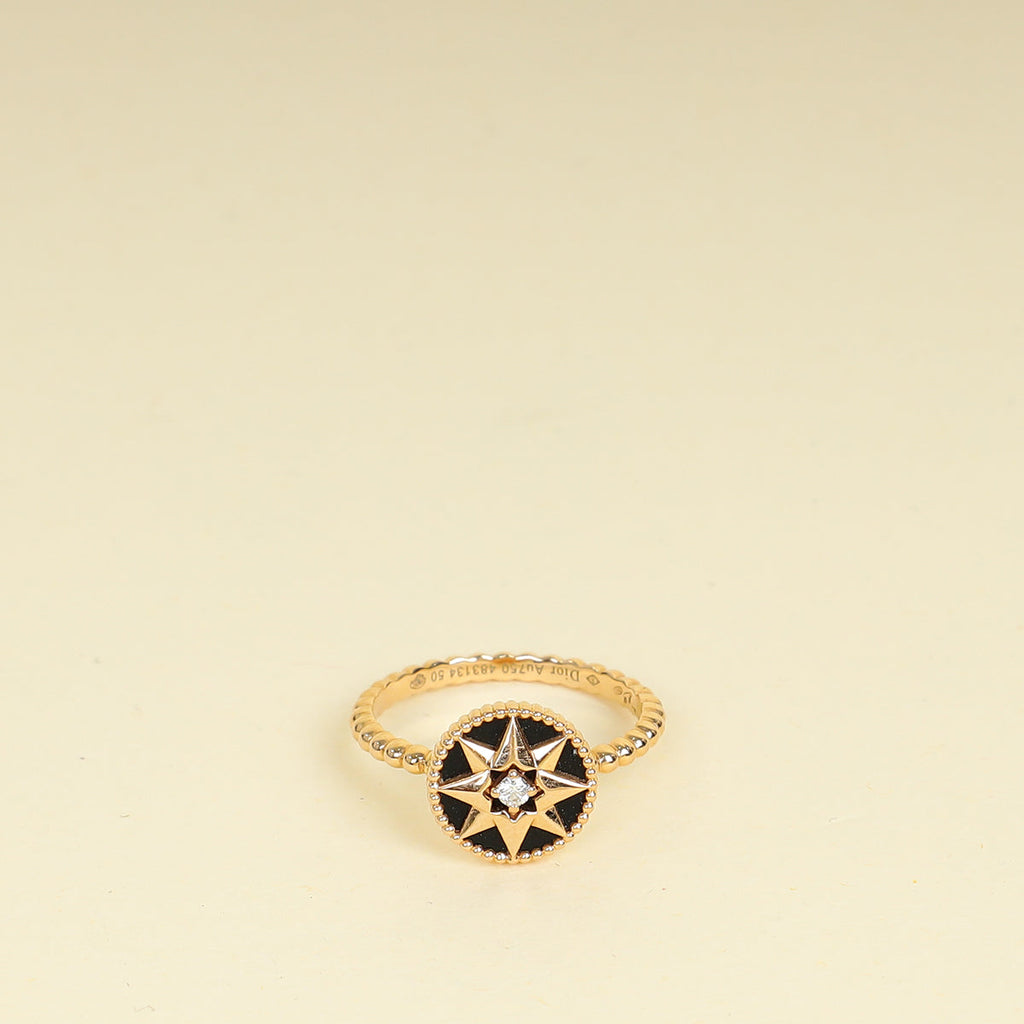 Christian Dior 18K Rose Gold Rose Diamond Onyx Des Vents Ring 50