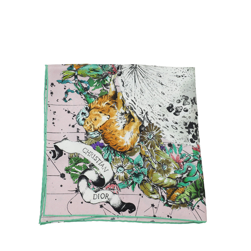 Christian Dior Pink Multicolor Zodiac Print Silk Square Scarf
