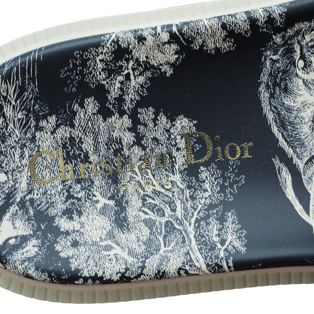 Christian Dior Navy Blue Dway Toile De Jouy Embroidered Flat Slide Sandals 36