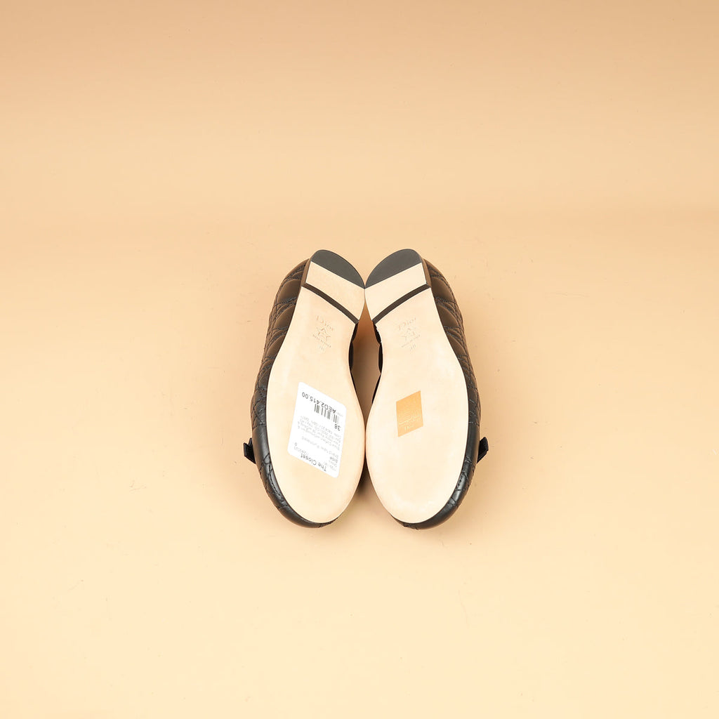 Christian Dior Black Cannage CD Pearl Bow Ballet Flats 38