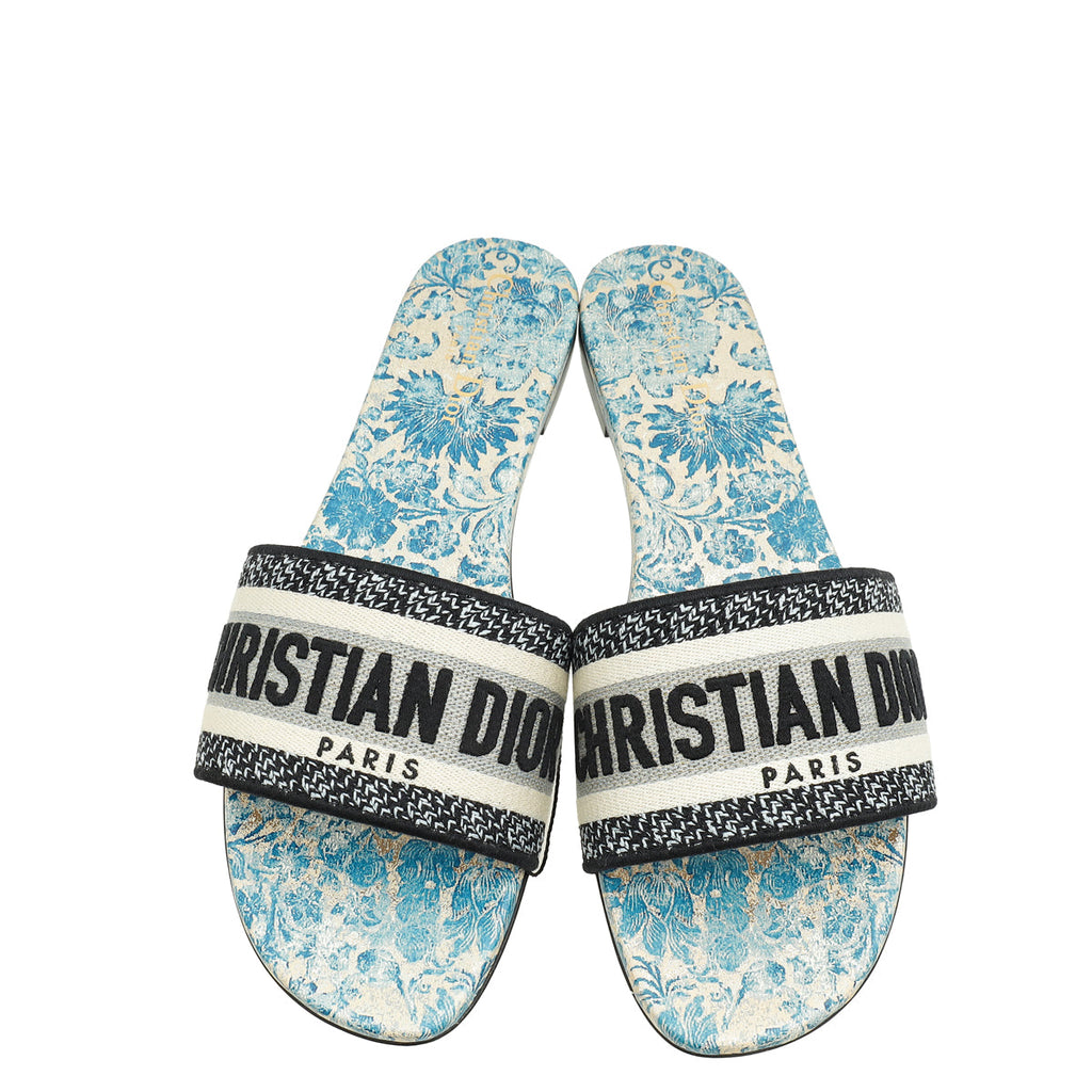 Christian Dior Canard Blue Brocart Dway Slides 40.5