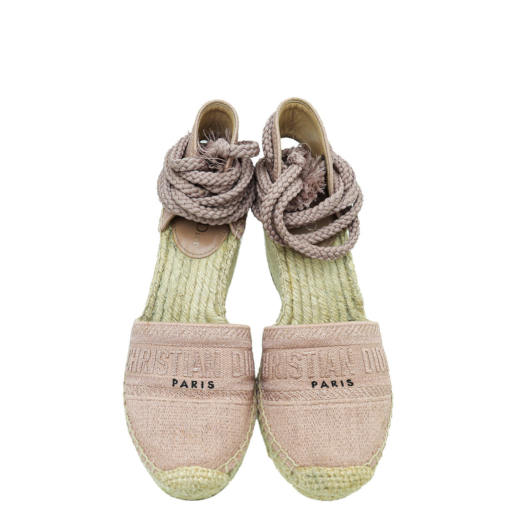 Christian Dior Rose De Vents Embroidered Granville Ankle Tie Espadrille Wedge 39