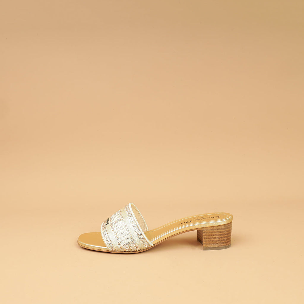 Christian Dior Metallic Gold Strass Dway Heeled Slide Sandals 37.5
