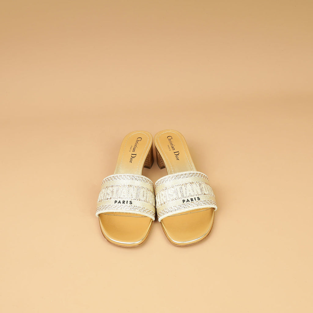 Christian Dior Metallic Gold Strass Dway Heeled Slide Sandals 37.5