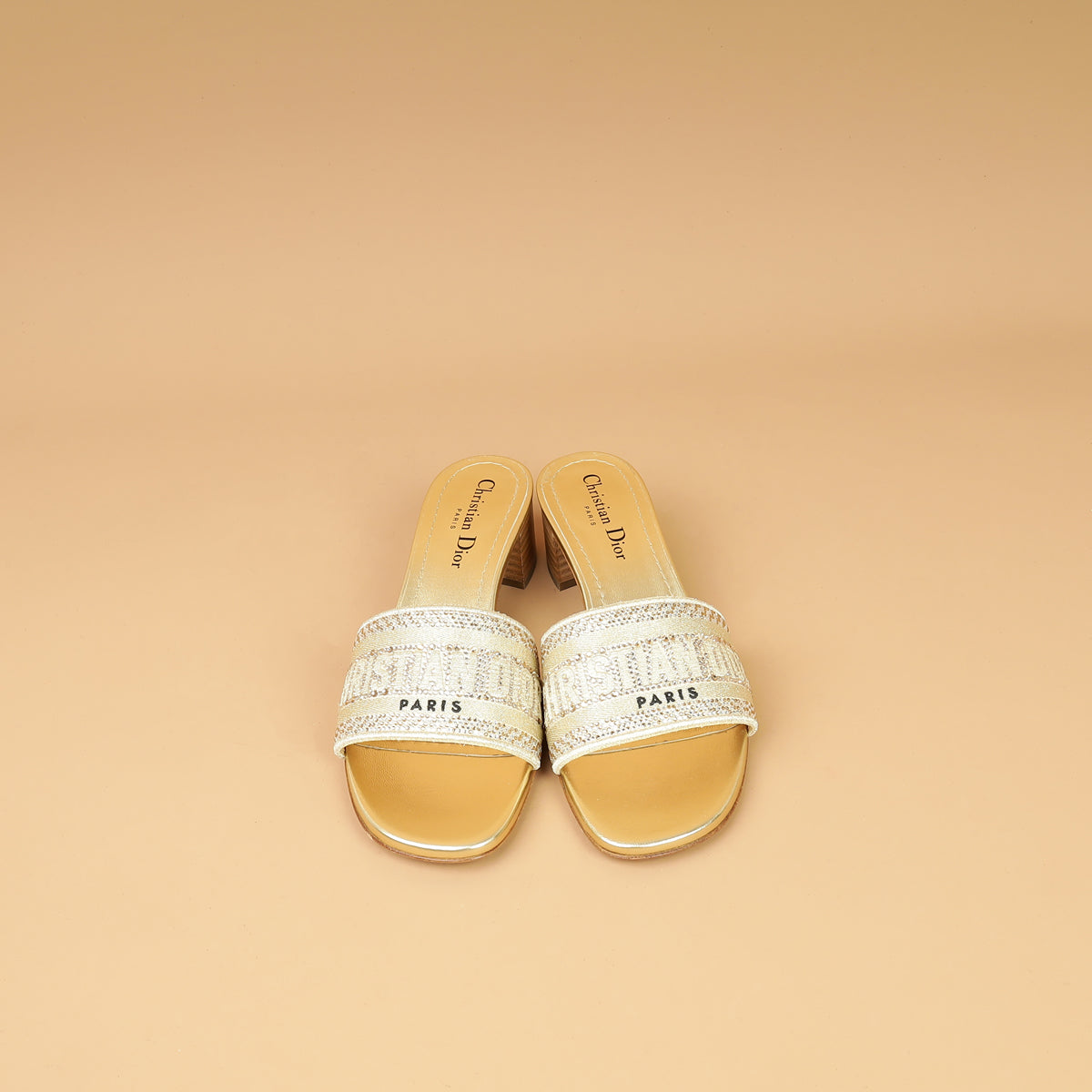 Christian Dior Metallic Gold Strass Dway Heeled Slide Sandals 37.5