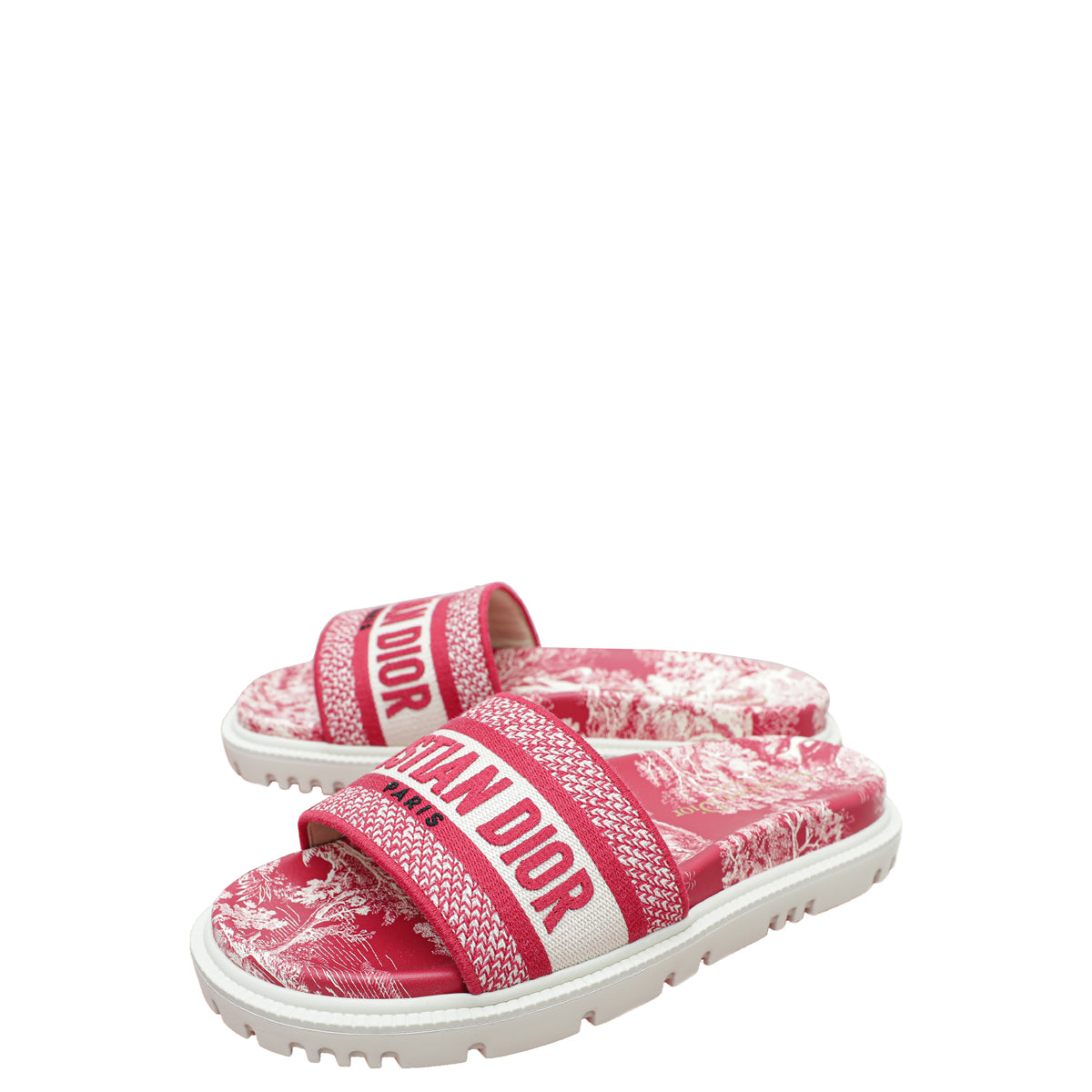 Christian Dior Red Dway Toile De Jouy Embroidered Flat Slide Sandals 36.5
