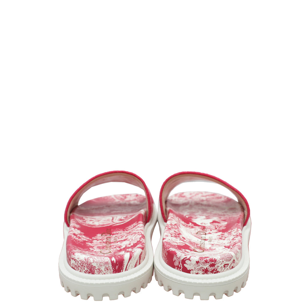 Christian Dior Red Dway Toile De Jouy Embroidered Flat Slide Sandals 36.5