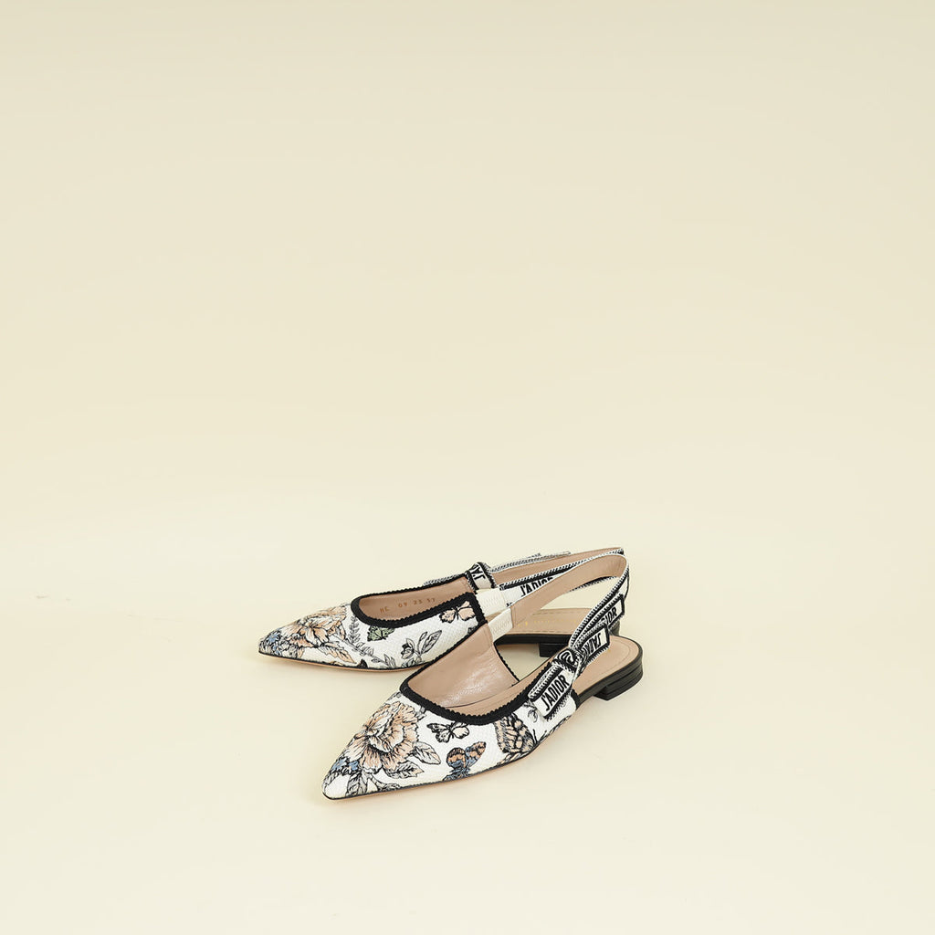 Christian Dior White Multicolor J'adior Floral Embroidered Flat Slingback 37