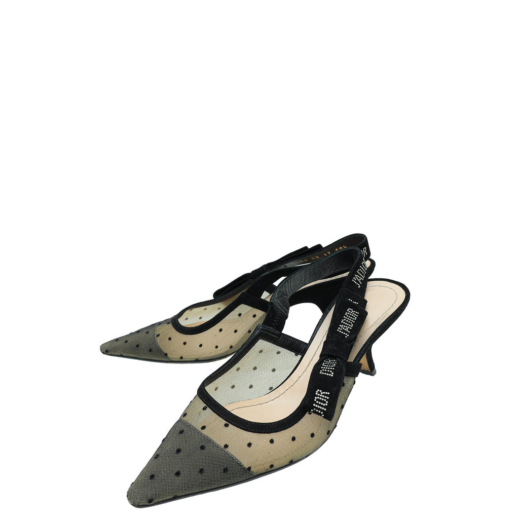 Christian Dior Black Mesh Plumetis Crystal J'Adior Slingback Heels 38.5