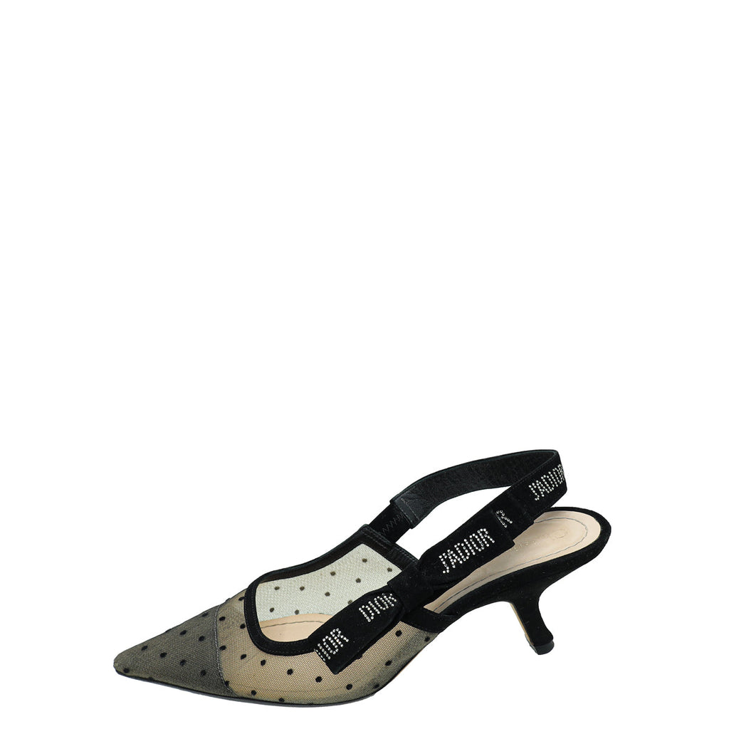 Christian Dior Black Mesh Plumetis Crystal J'Adior Slingback Heels 38.5