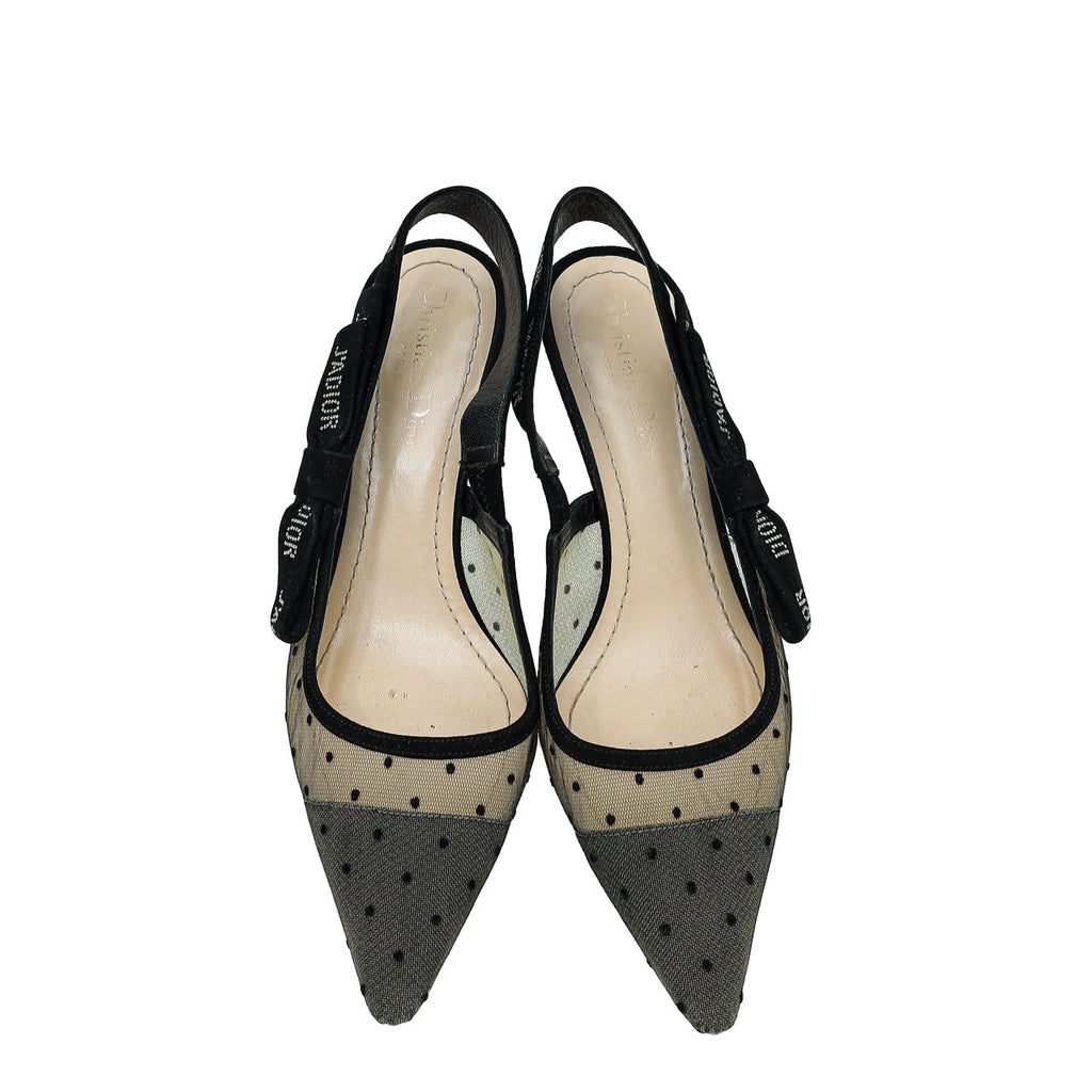 Christian Dior Black Mesh Plumetis Crystal J'Adior Slingback Heels 38.5