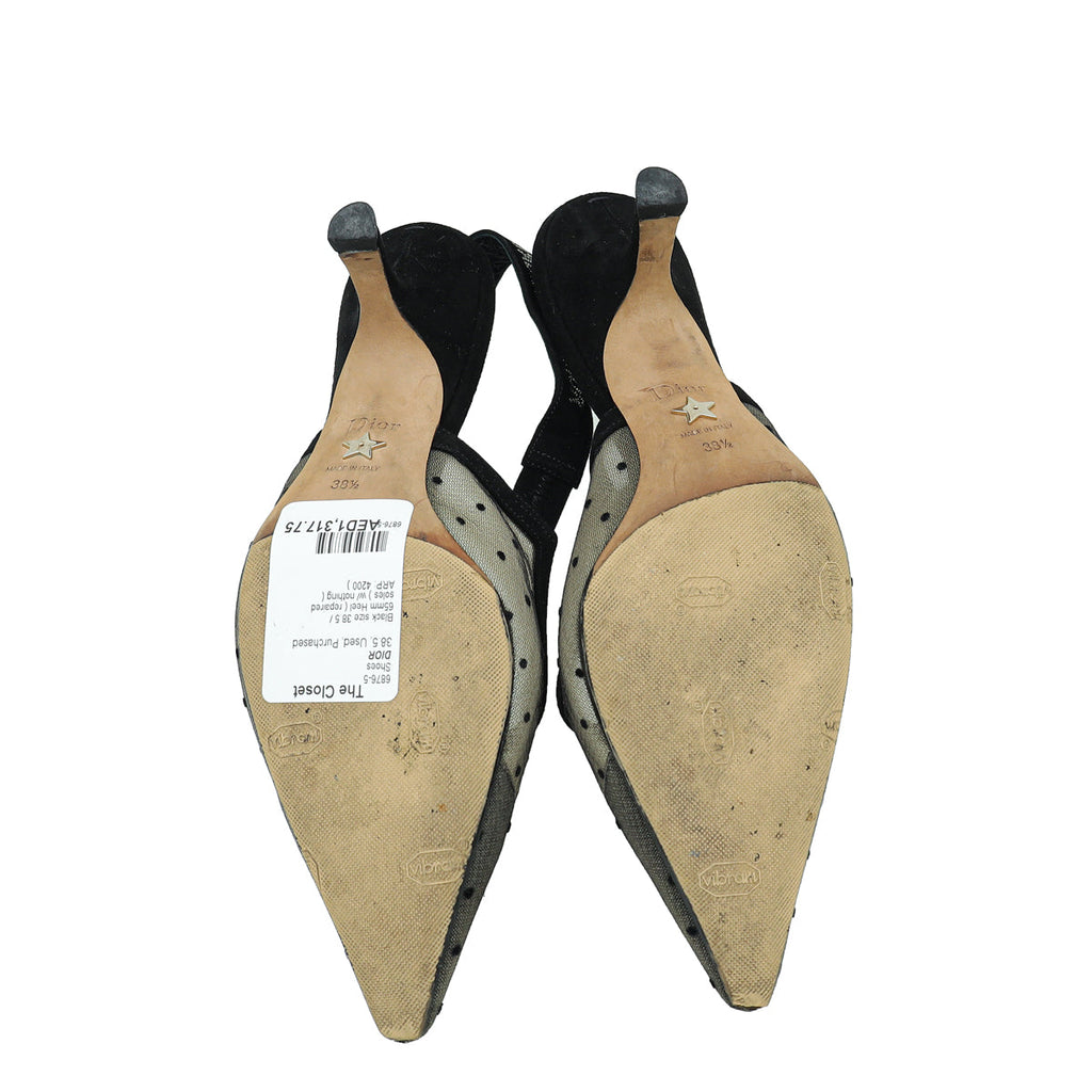 Christian Dior Black Mesh Plumetis Crystal J'Adior Slingback Heels 38.5