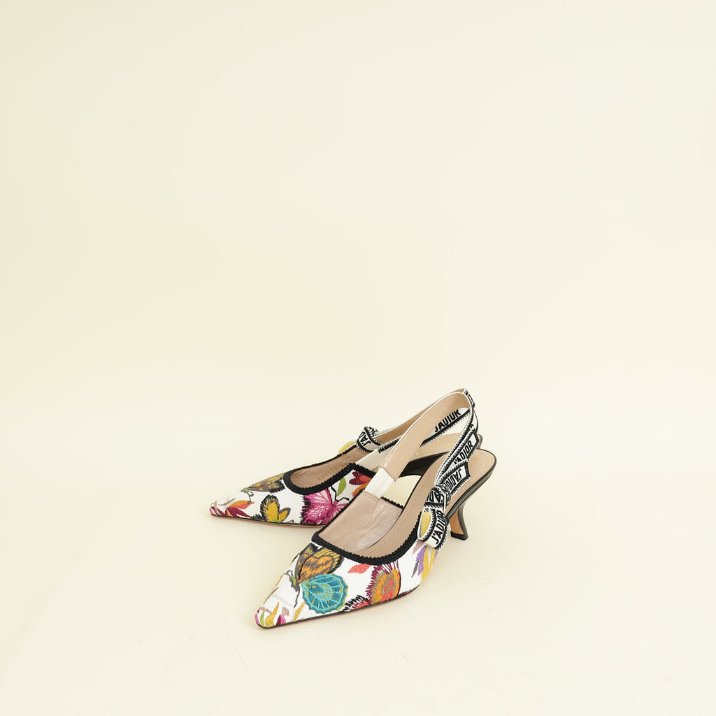 Christian Dior White Multicolor J'adior Butterfly Embroidered Slingback Pump 38